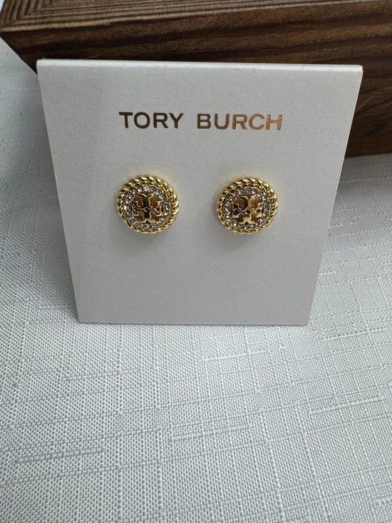 Tory Burch Gold-Tone Logo Crystal Round Stud Earrings - Picture 3 of 6